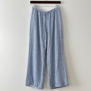 Abercrombie Blue Plaid Linen-Blend Pull-On Wide Leg Drawstring Pants